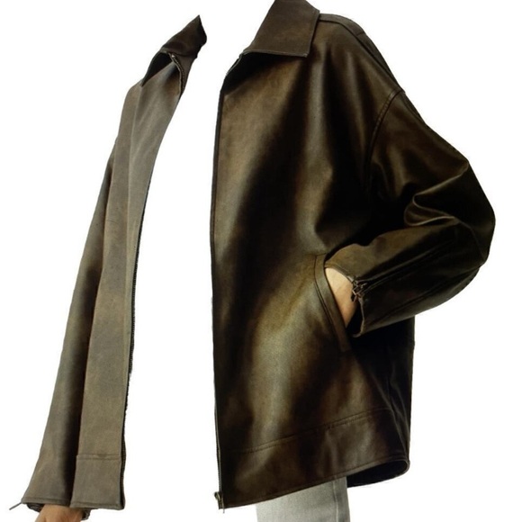 Commense Distressed Faux Leather Double Pockets Jacket - Picture 3 of 6
